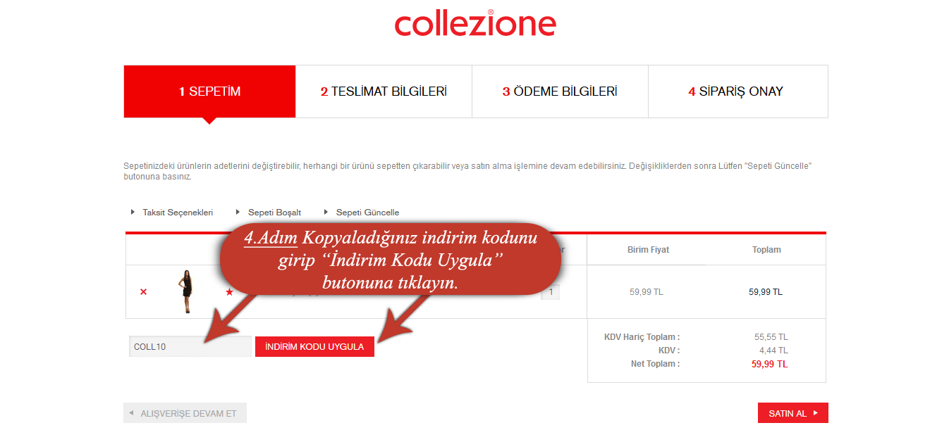 Aliveris sepeti sayfasinda "kupon kodu" kutucuguna kodu yapistiriniz