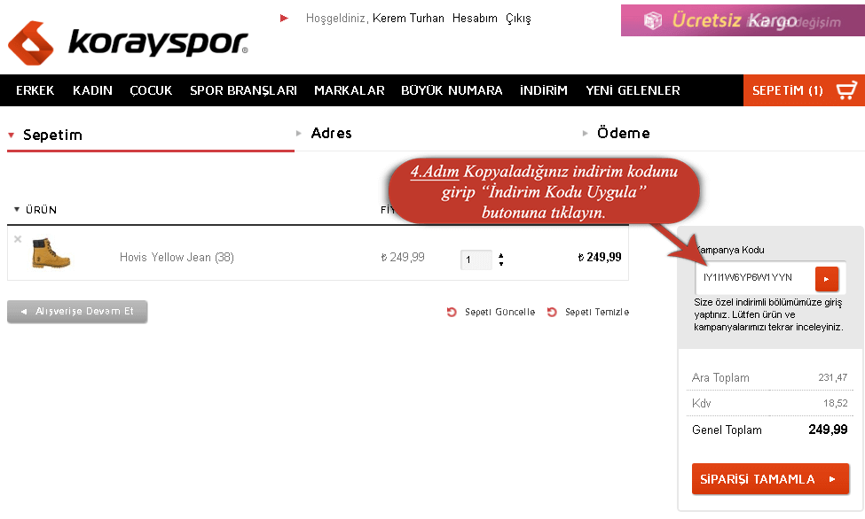 korayspor indirim kodu nasıl kullanılır